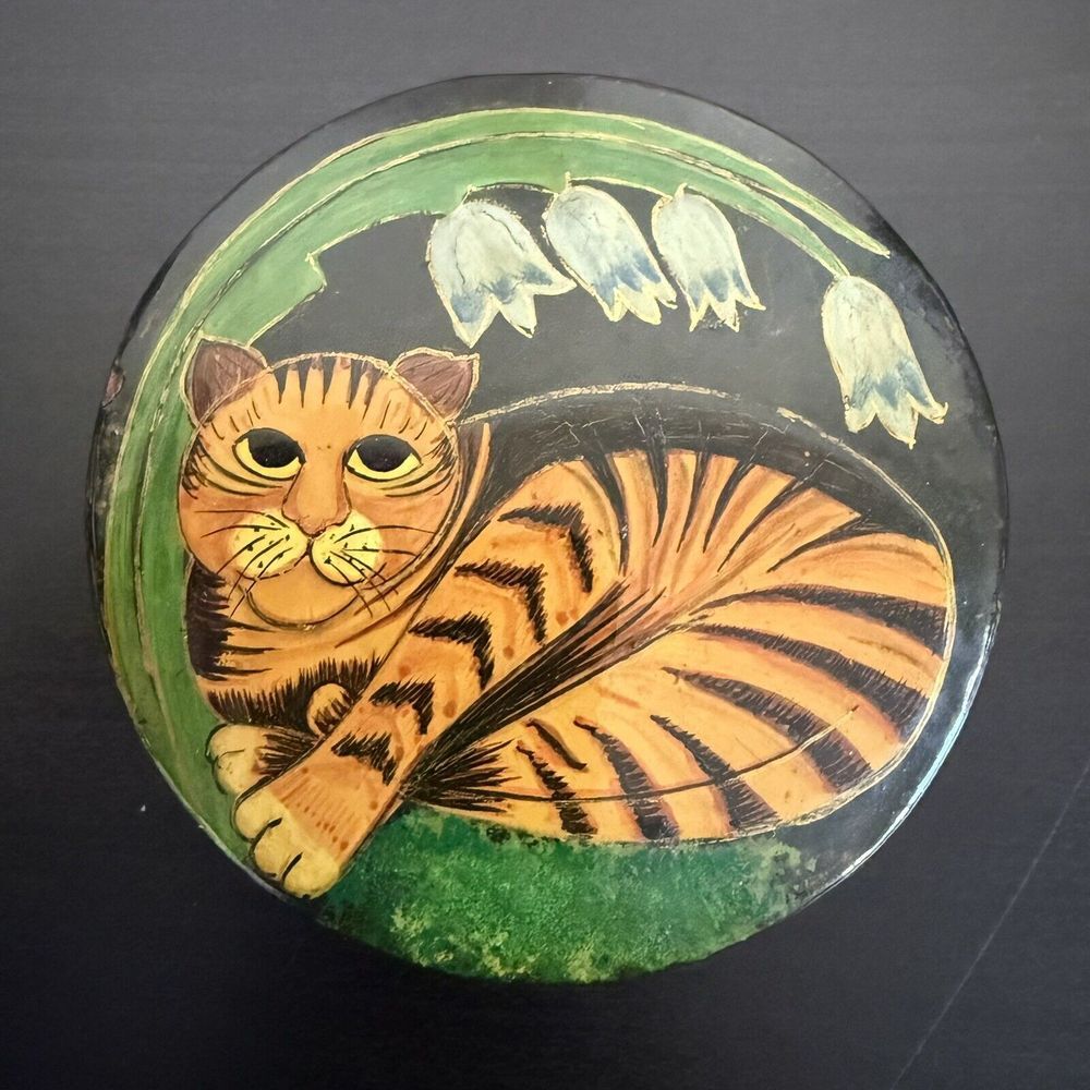 Vintage‎ Hand Painted Wood Trinket Box Cat Flowers Kashmir India Black Lacquered